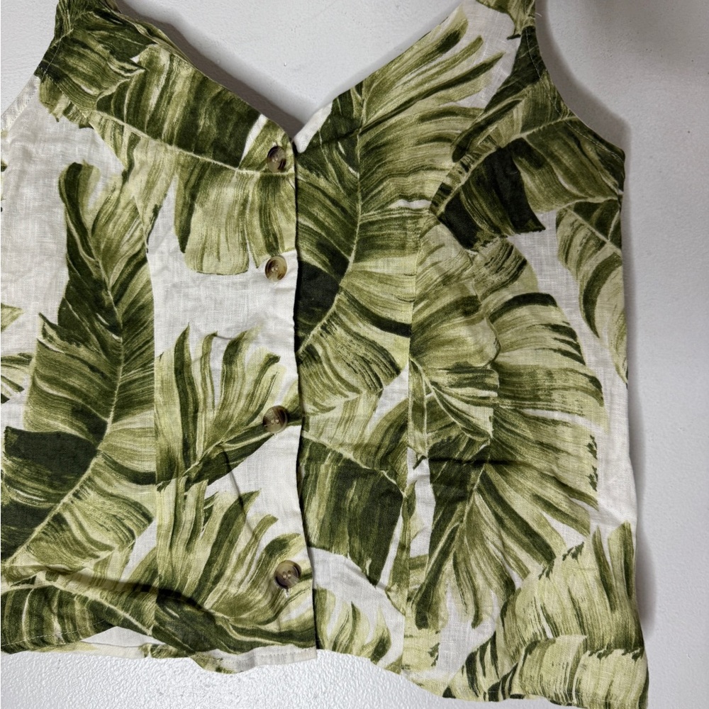H&M 100% Linen sleeveless tropical blouse Green leaves buttons V-neck Small - Picture 3 of 6